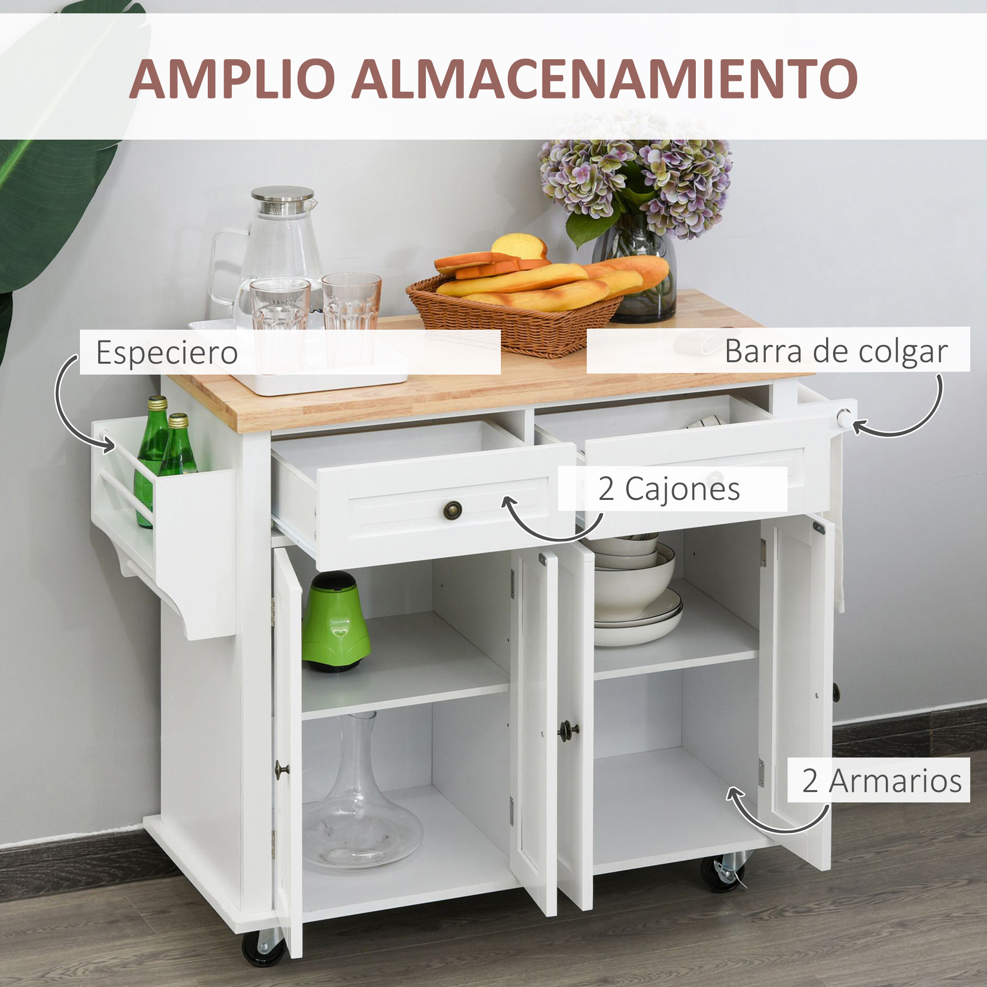 Isla de Cocina con Ruedas Mueble Auxiliar de Cocina con 2 Cajones 4 Puertas Especiero y Barra Lateral para Comedor 111x44,5x82,5 cm Blanco