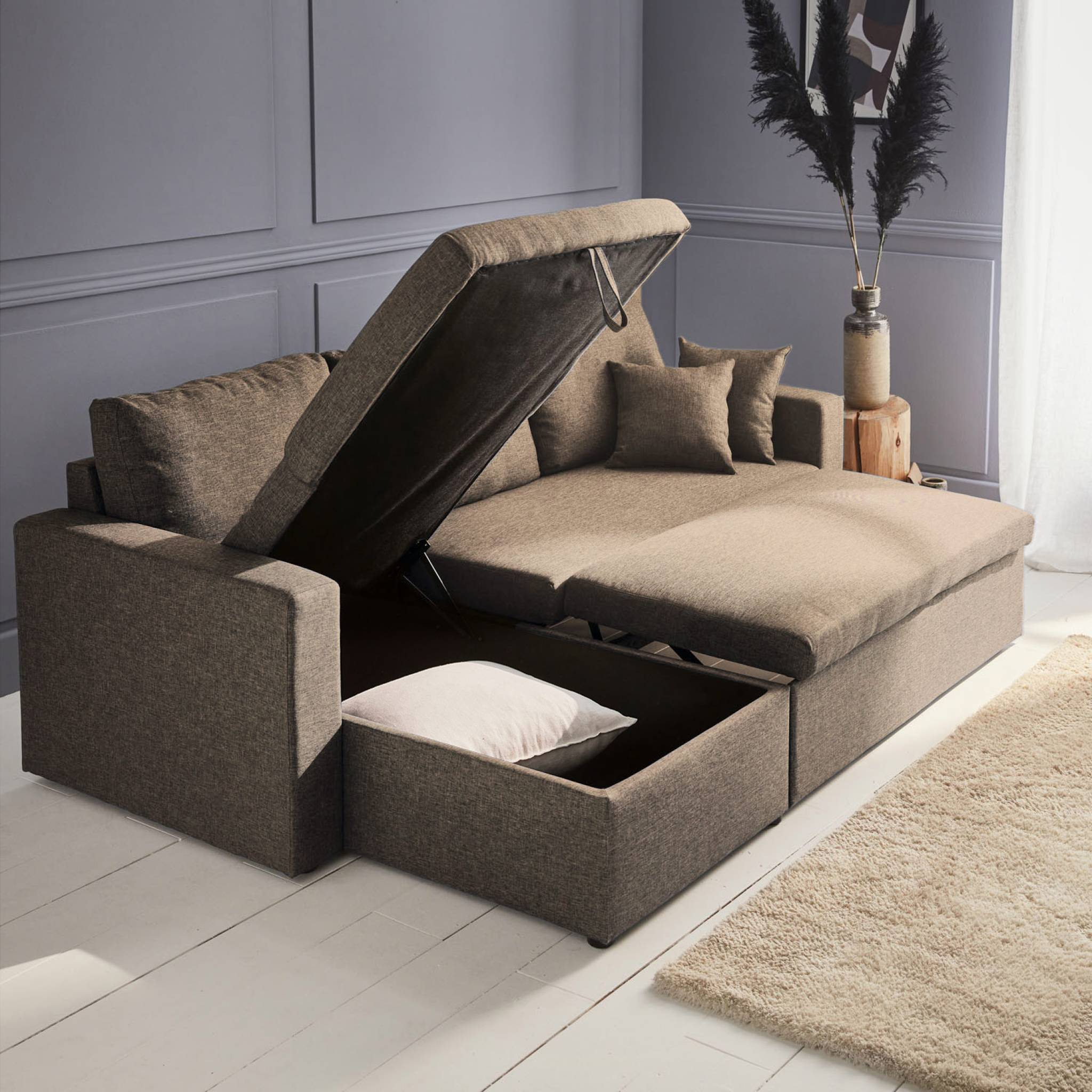 Canapé d'angle convertible en tissu marron - IDA - 3 places. fauteuil d'angle réversible coffre rangement lit modulable