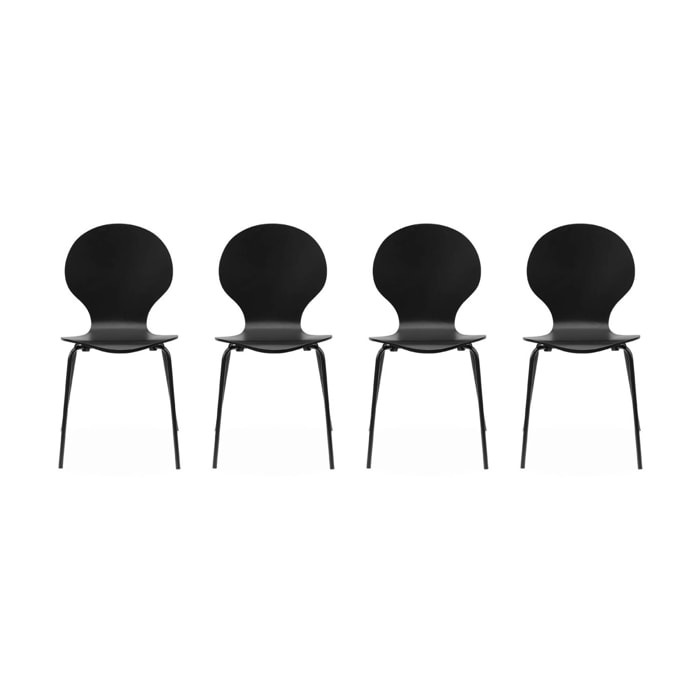 Lot de 4 chaises noires rétro empilables. bois d'hévéa et contreplaqué. pieds en acier. Naomi. L 43 x P 48 x H 87cm