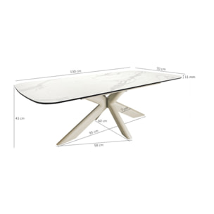 Table basse 130 cm en céramique blanc pied croix métal beige - LOTUS