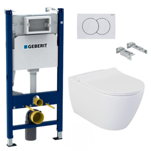 Pack WC Bati-support Geberit Duofix + Cuvette suspendue sans bride Livea Bello + Abattant soft close + Plaque Blanche (BelloGeb3