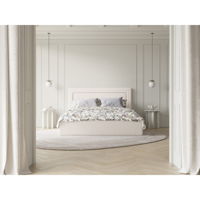 Lit coffre avec tête de lit "Valerie" 140x200cm en bouclé blanc