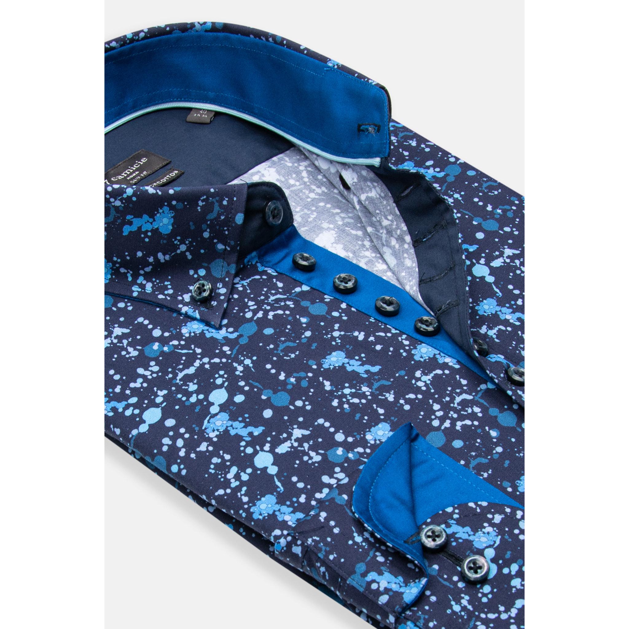 Camicia Uomo 1 Bottoni Button Down Slim Popeline Stretch Stampato Blu/Blu Avion