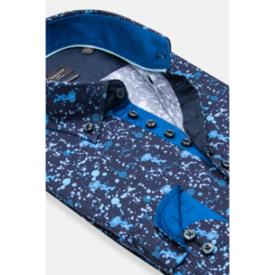 Camicia Uomo 1 Bottoni Button Down Slim Popeline Stretch Stampato Blu/Blu Avion