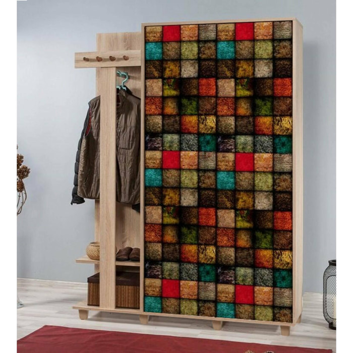 Mobile da ingresso Dpionett, Entratina appendiabiti, Composizione per atrio, Consolle portaoggetti multifunzione, 135x36h194 cm, Quercia e Multicolore