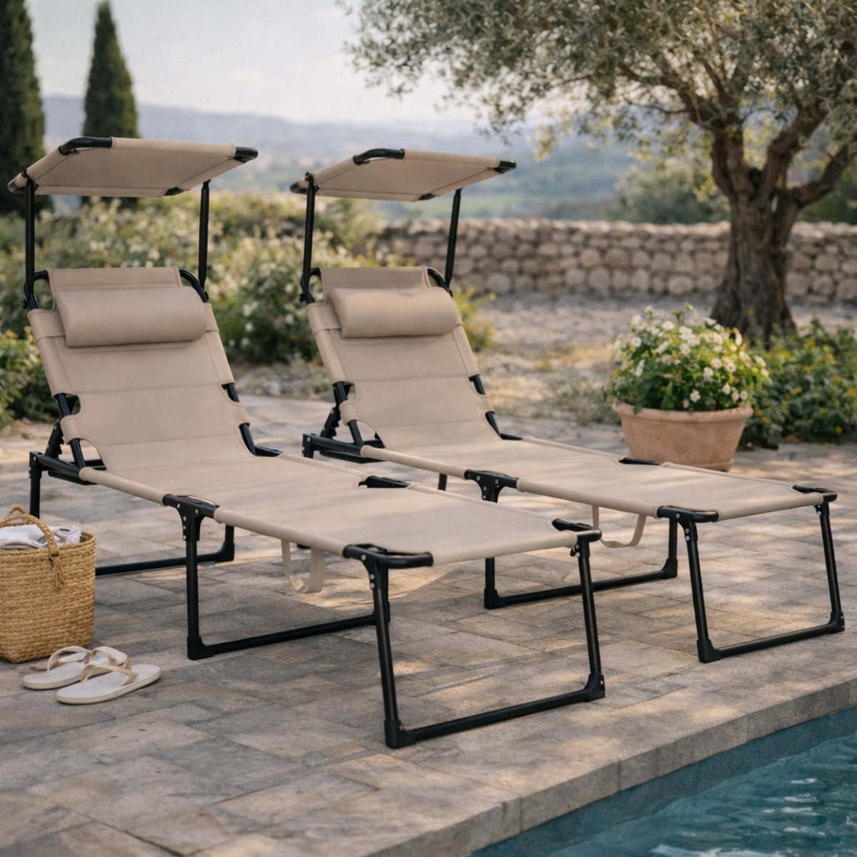 Lot de 2 bains de soleil – Grand confort – Pare-soleil réglable