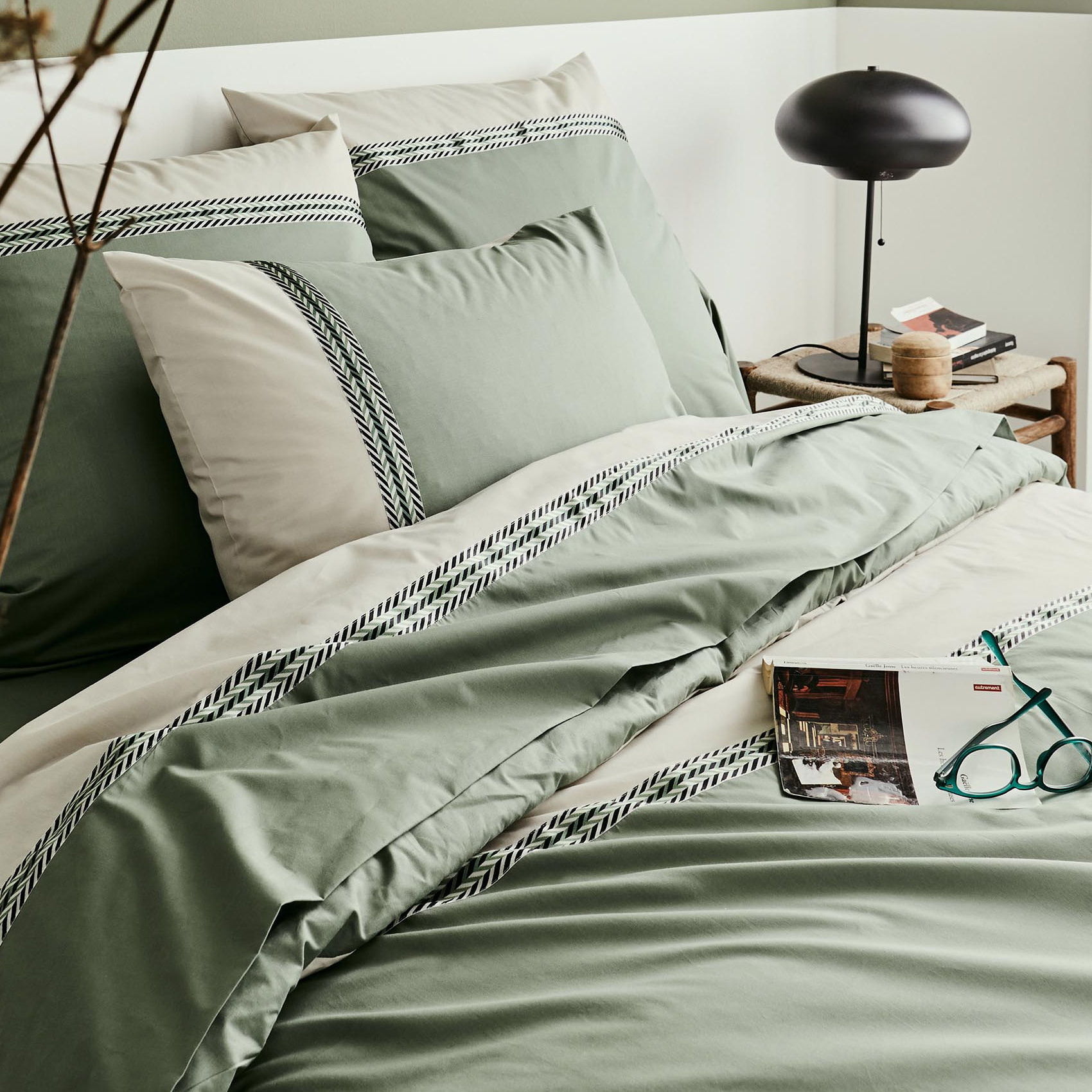 Taie d'oreiller en percale de coton à galon géométrique - Vert Olive