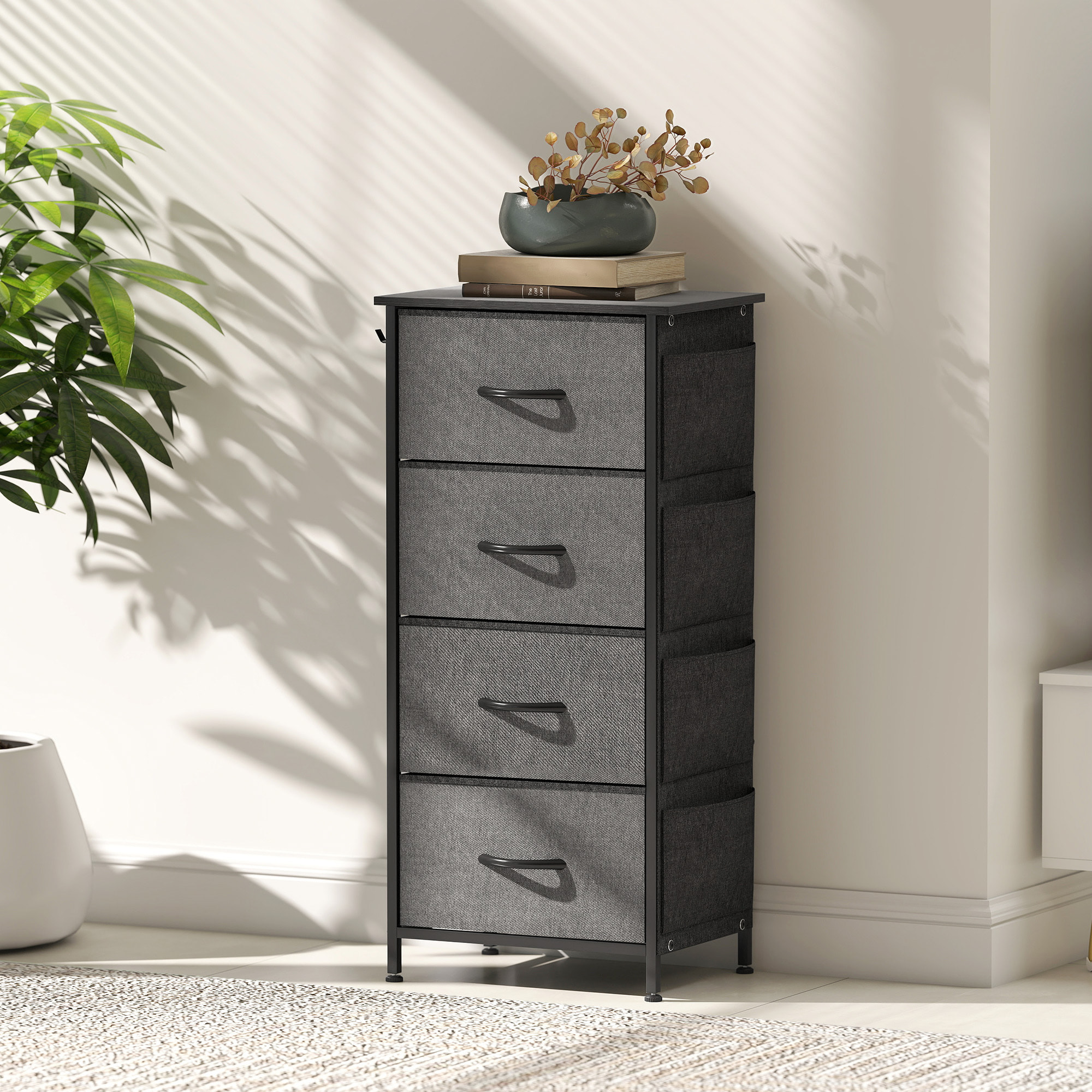 Commode chiffonnier 4 tiroirs en tissu 4 poches 2 crochets gris noir
