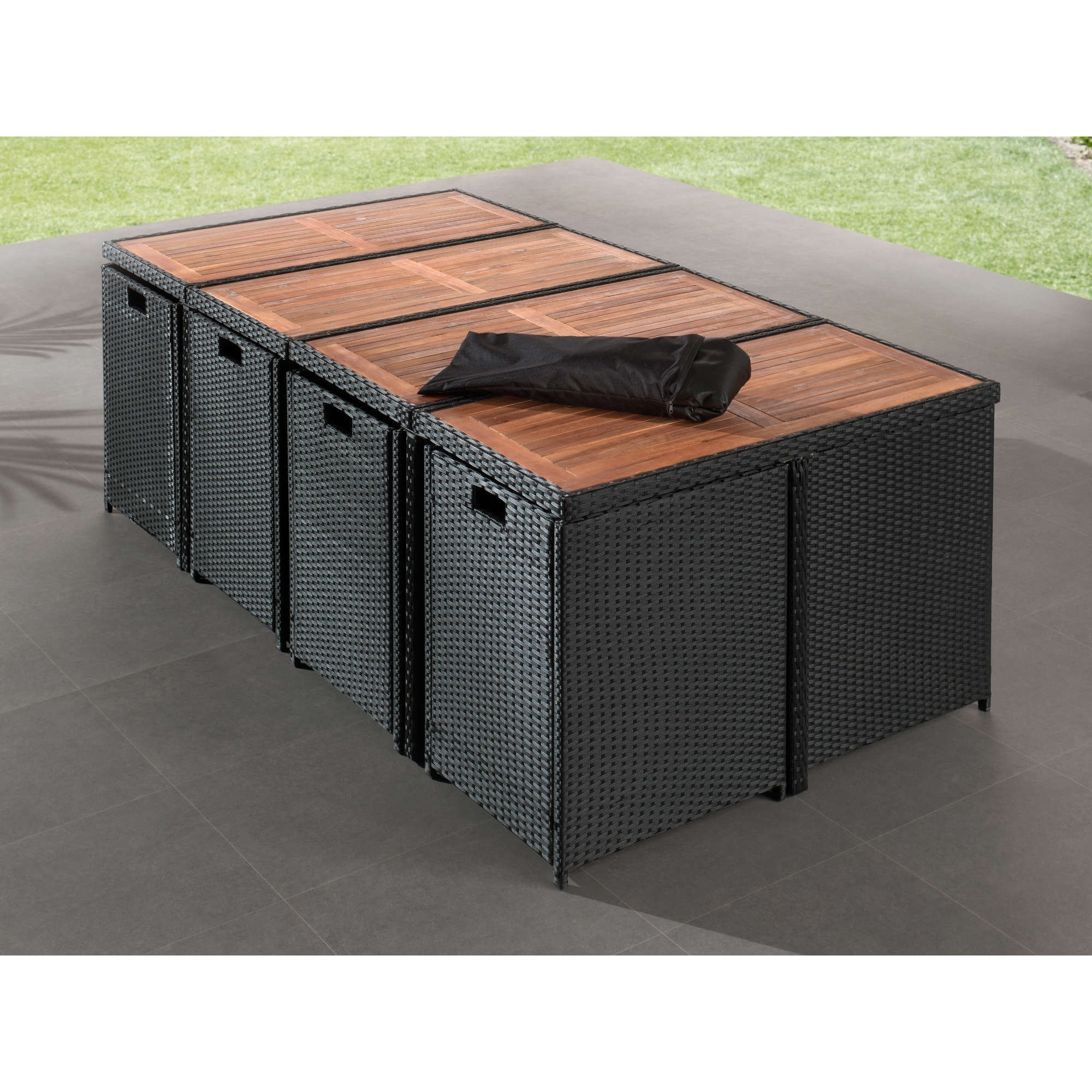 Cuba - Salon de jardin encastrable 12 places - en résine tressée - Noir avec coussins gris + housse de protection - Noir / Gris