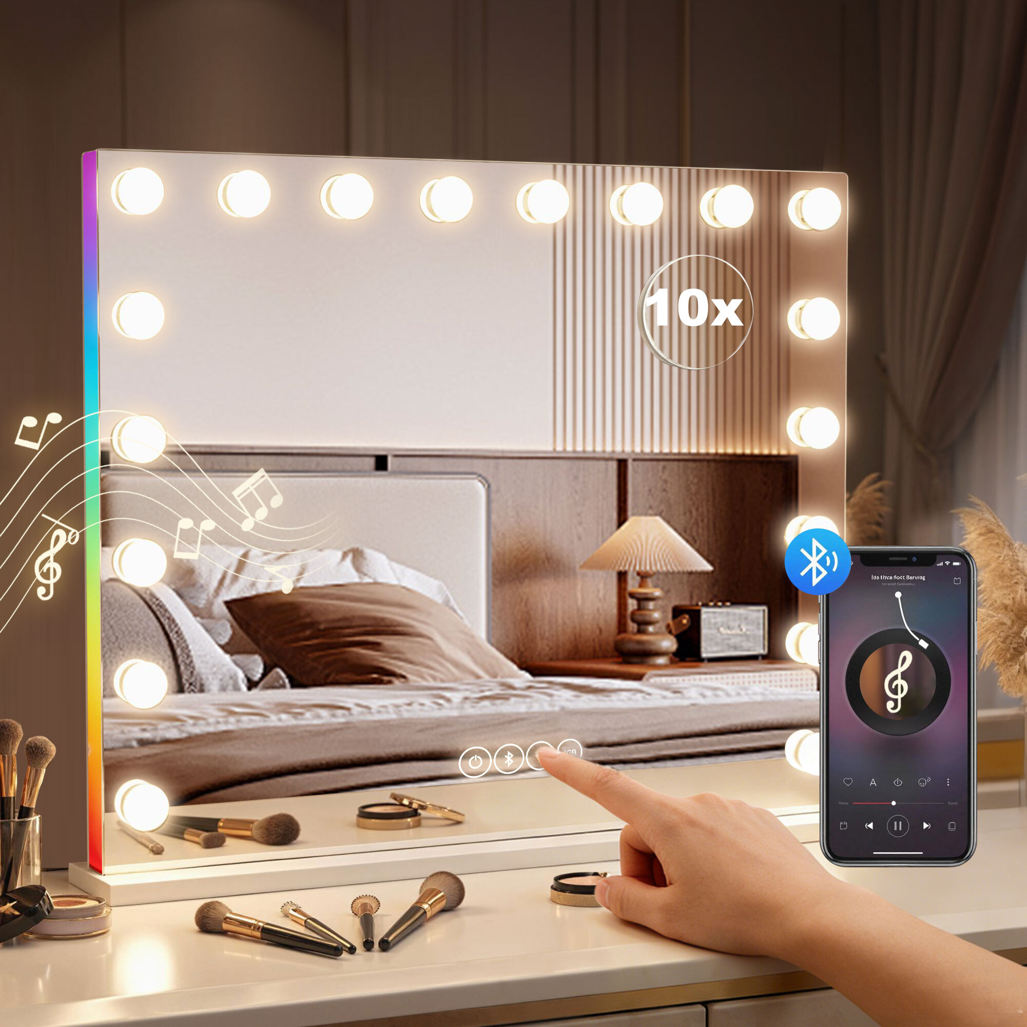 Miroir maquillage Hollywood lumineux LED tactile réglable 18 ampoules HP bluetooth