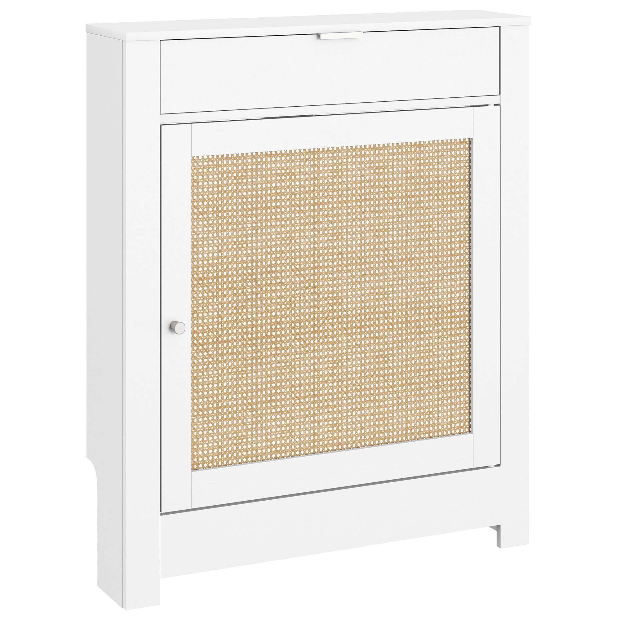 Cubre Radiadores con Puerta Abatible y Ratán, Cubreradiador de MDF, 78x19x95,5 cm, Cubierta para Radiador, Compartimento, Diseño Bohemio, para Salón, Dormitorio, Blanco