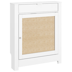 Cubre Radiadores con Puerta Abatible y Ratán, Cubreradiador de MDF, 78x19x95,5 cm, Cubierta para Radiador, Compartimento, Diseño Bohemio, para Salón, Dormitorio, Blanco