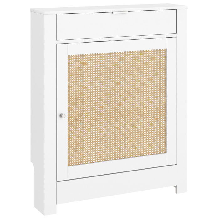 Cubre Radiadores con Puerta Abatible y Ratán, Cubreradiador de MDF, 78x19x95,5 cm, Cubierta para Radiador, Compartimento, Diseño Bohemio, para Salón, Dormitorio, Blanco
