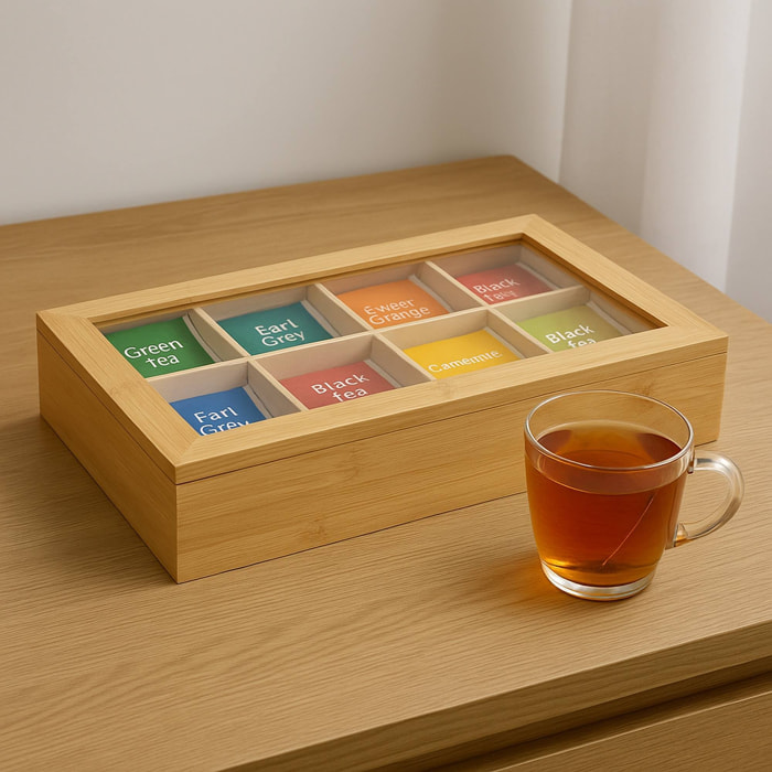 organizador de té de bambú con 8 compartimentos y diseño de aspecto natural