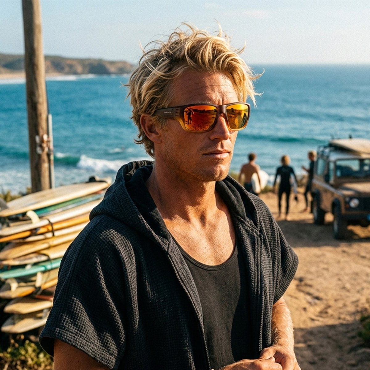 Gafas PALOALTO modelo SKATE en color Negro mate con montura marrón translúcida y lentes polarizadas Revo amarillas.