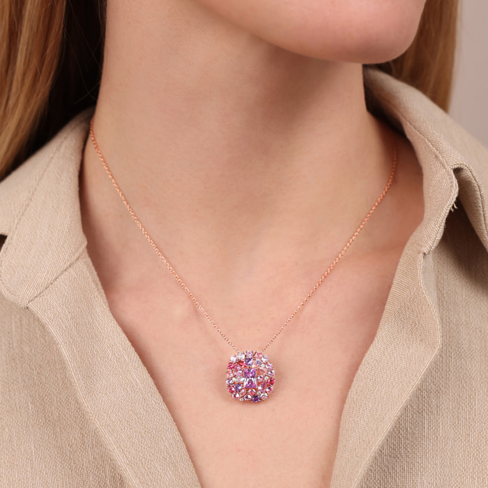 Collana Catena Rolo in Argento 925 con Pendente in Pavé Misto di Cubic Zirconia Rosa e Viola Effetto Degradé