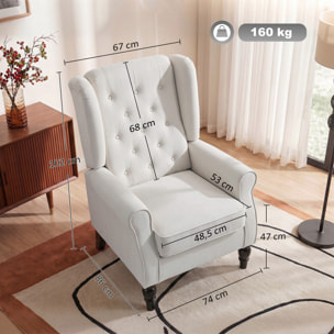 Fauteuil à oreilles style Chesterfield dossier capitonné grand confort bois noir tissu crème