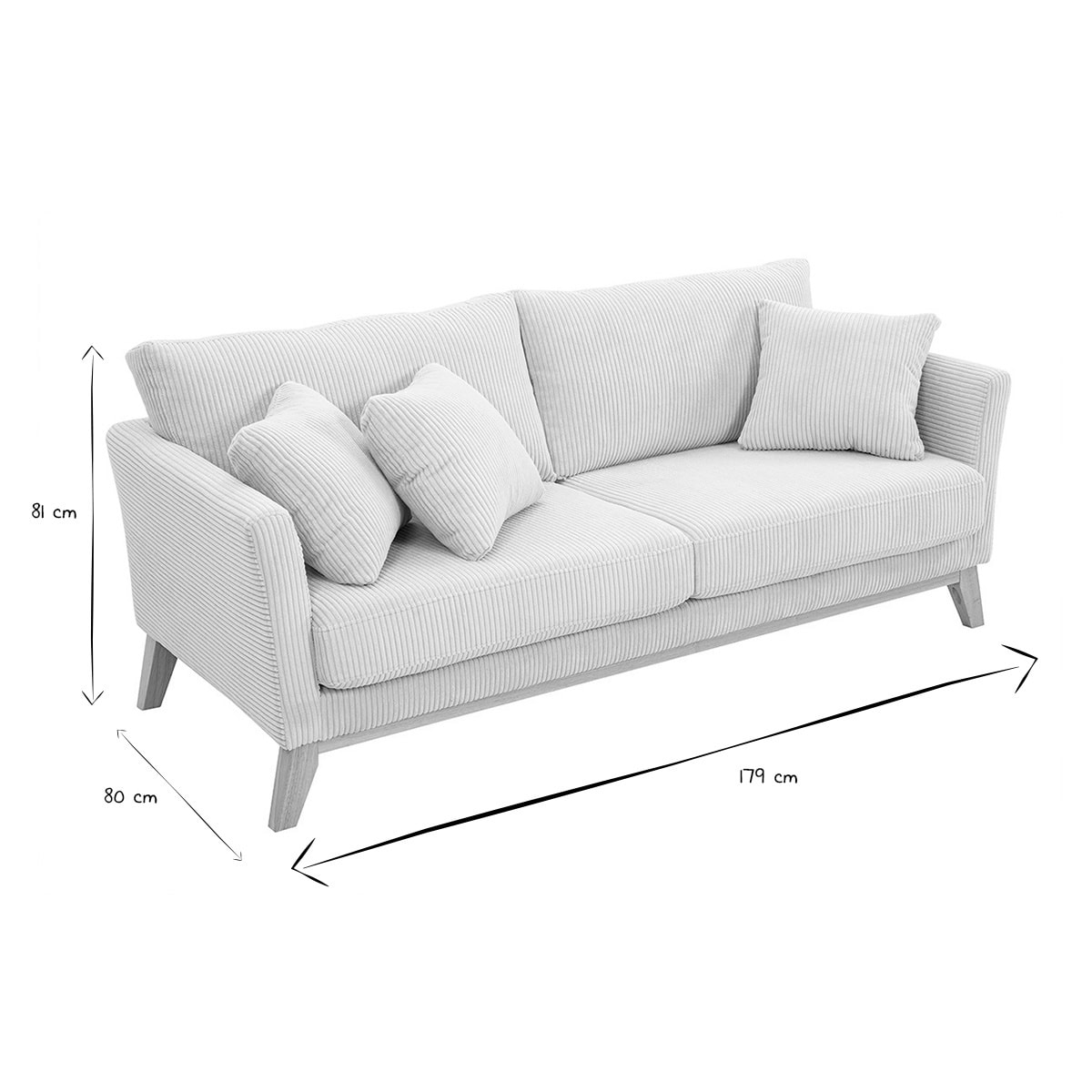 Canapé scandinave déhoussable 3 places en tissu velours côtelé beige et bois clair OSLO