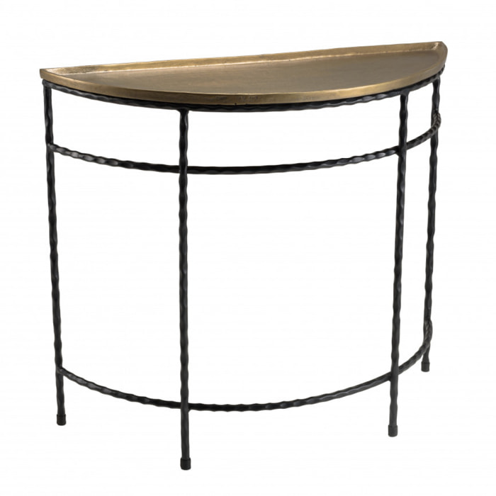 JONAS - Console demi-lune 90x36cm alu doré pieds métal noirs torsadés