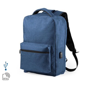 Mochila antirrobo Komplete de poliester 300D, con toma USB exterior. Bolsillo en lateral con protección RFID.