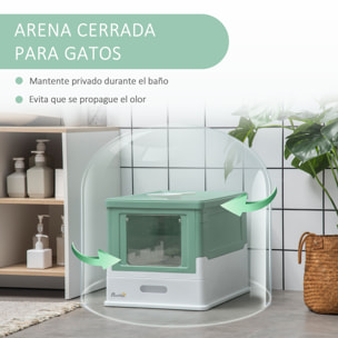 PawHut Caja de Arena Plegable para Gatos Arenero Cerrado para Gatos con Cubierta Desmontable Bandeja Extraíble Techo Abatible Puerta de Entrada y Pala 47,5x35,5x36,7 cm Verde