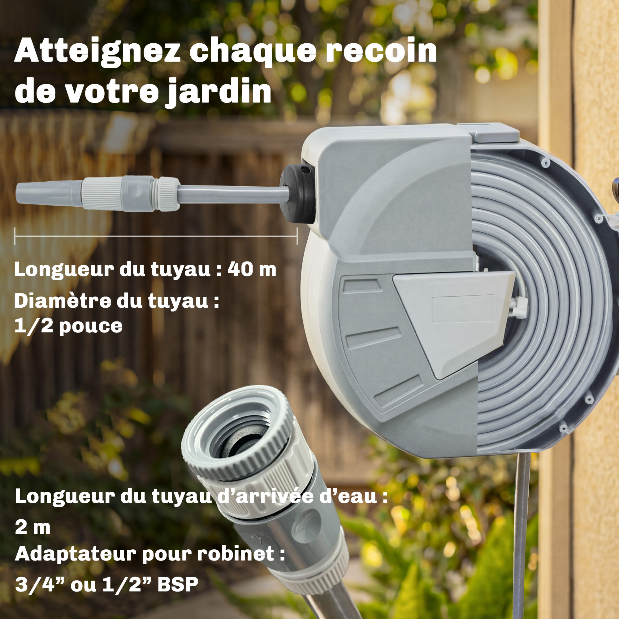 Dévidoir mural enrouleur automatique pivotant 180° tuyau 40 + 2 m avec lance arrosage 2 modes support mural intégré gris clair