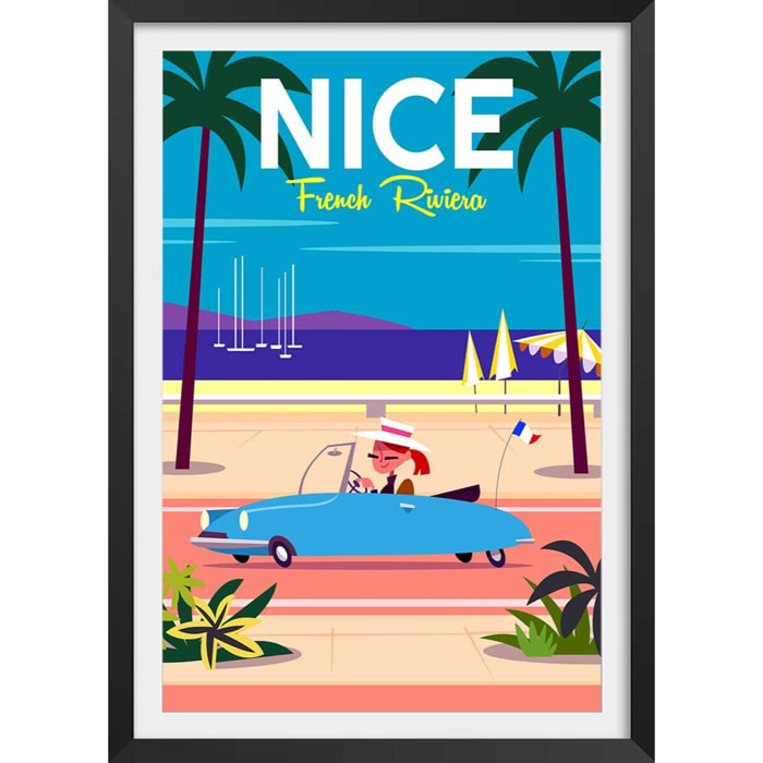 Poster nice promenade des anglais Affiche + cadre en bois - Noir