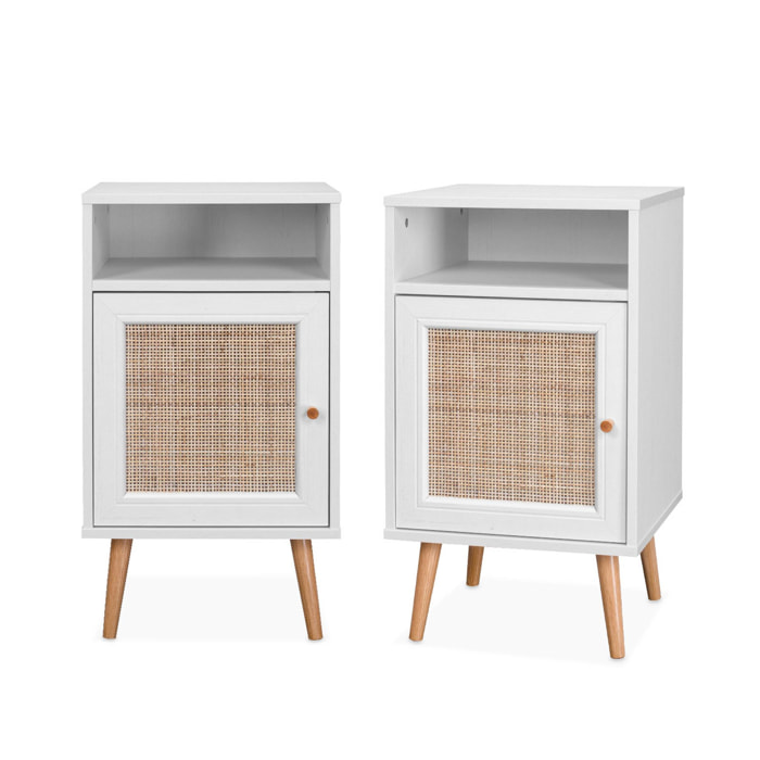 Lot de 2 tables de chevet en cannage - Bohème - 40x39x65.8cm Blanc  - 2 niveaux - 1 portes - 1 espace de rangement - pieds scandinaves