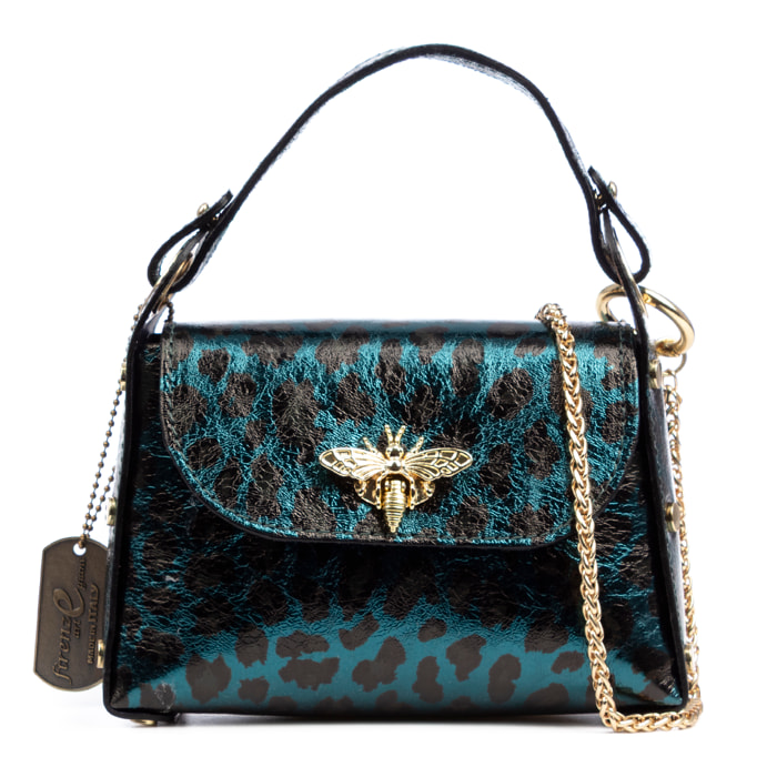 Aquileia bolso de mano mujer. Piel auténtica Gamuza con estampado animal print leopardo lacada brillante.