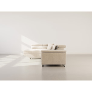 Baoji - Canapé d'angle gauche 5 places convertible avec têtières et coffre en velours côtelé - Beige