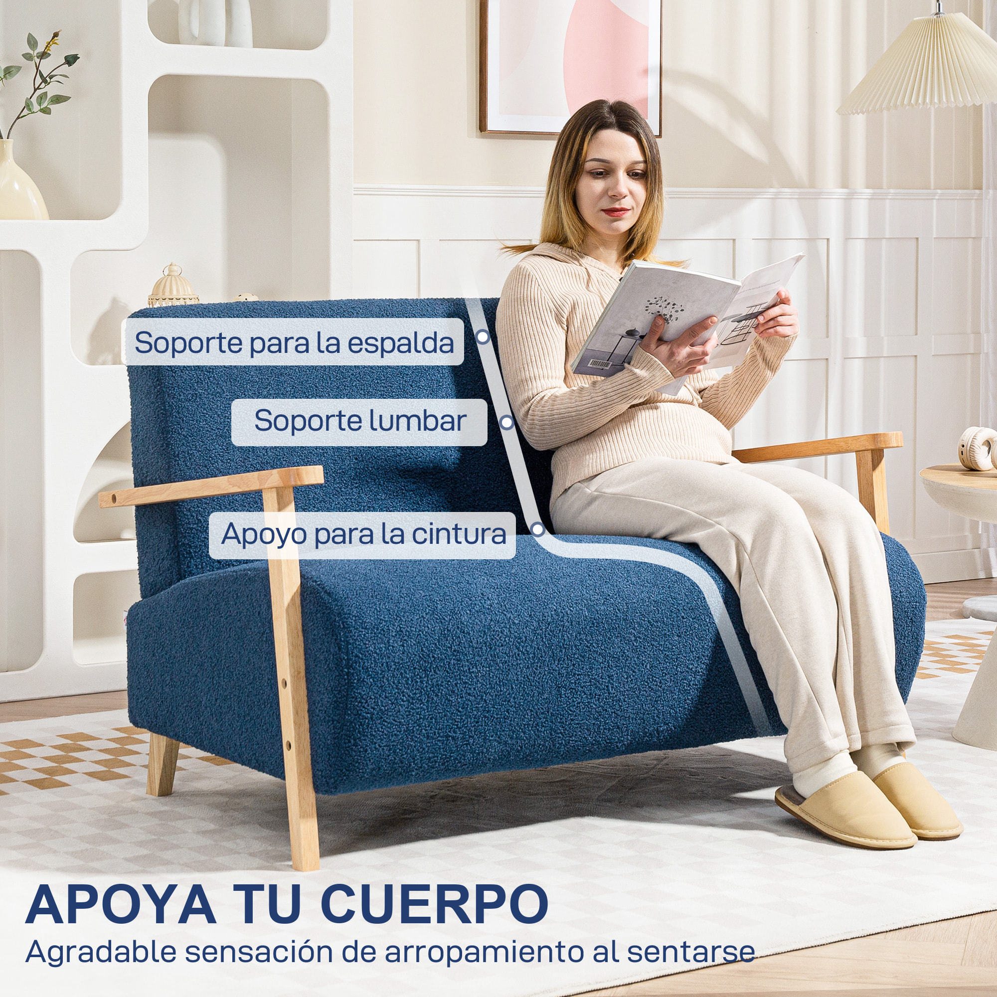 Sofá de 2 Plazas Tapizado en Borreguito Sofá de Salón de 118 cm con Acolchado Grueso Reposabrazos y Patas de Madera para Dormitorio Sala de Estar Azul Oscuro