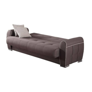 Divano letto Alejandro, Divano letto contenitore a 3 posti con 2 cuscini inclusi, Sofà da soggiorno in tessuto imbottito con apertura click-clack, 224x85h87 cm, Grigio Chiaro