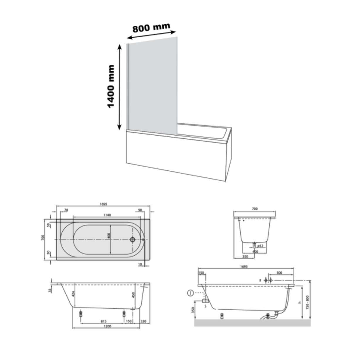 Baignoire droite 170x70 cm, Blanc VILLEROY & BOCH O.Novo avec pieds + Pare bain droite AURYS Raywall chromée
