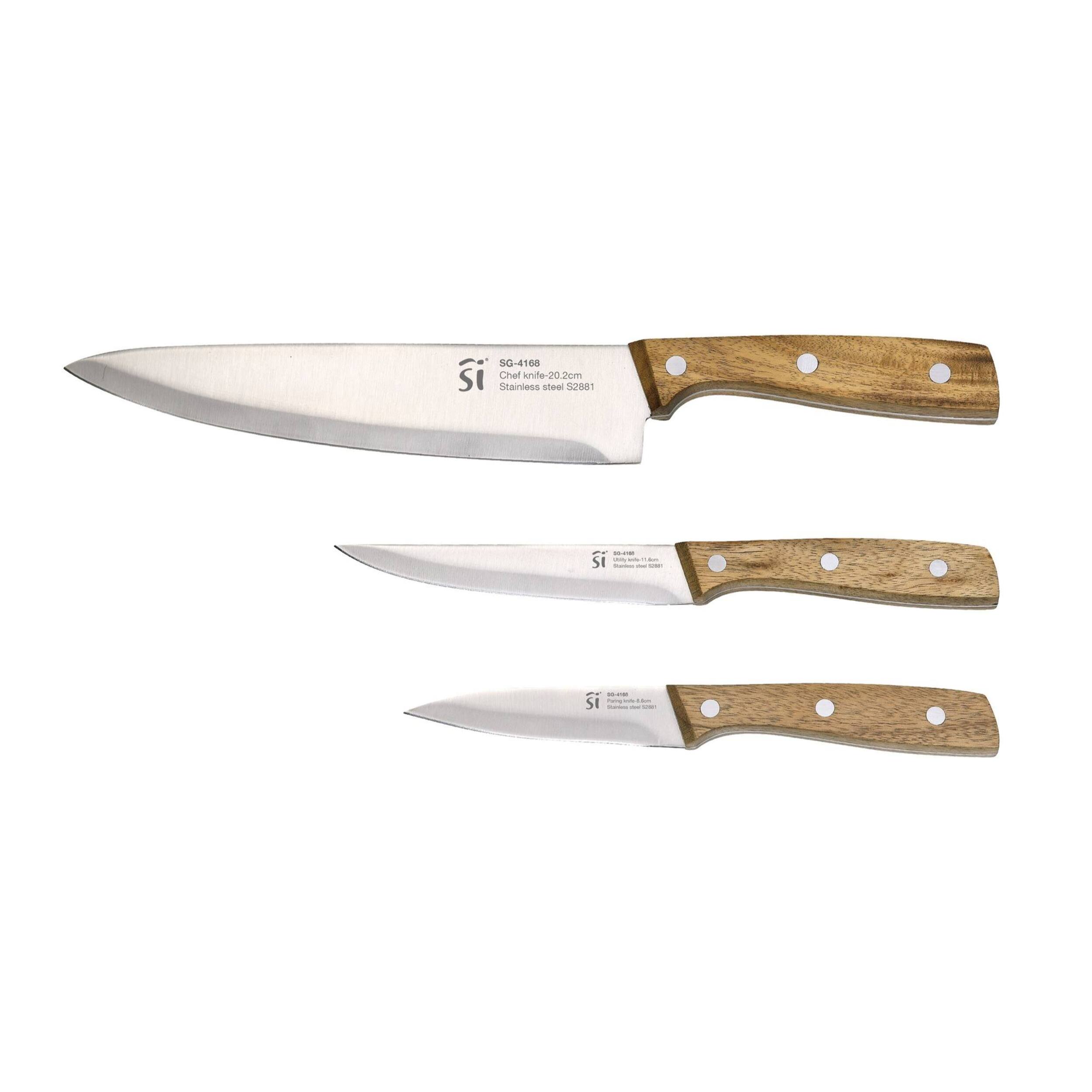 Set de cocina de 9Pzs: 3 Cuhillos en acero inoxidable + 5 Utensilios de silicona y madera + Tabla de corte 40x25cm NOIA San Ignacio