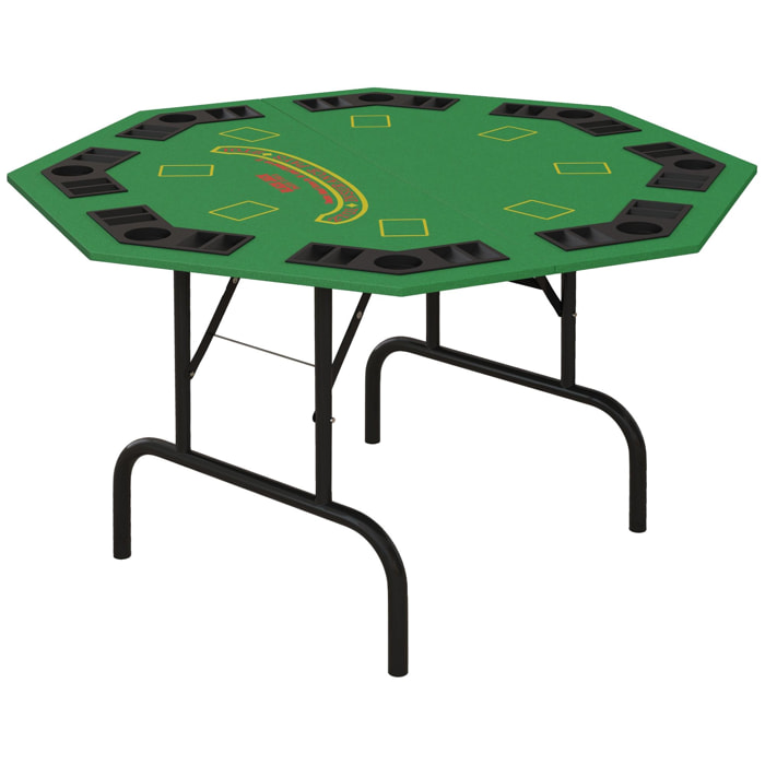 Table de poker casino pliable octogonale sur pieds 8 joueurs max. - espaces jetons, gobelets - acier noir feutrine verte