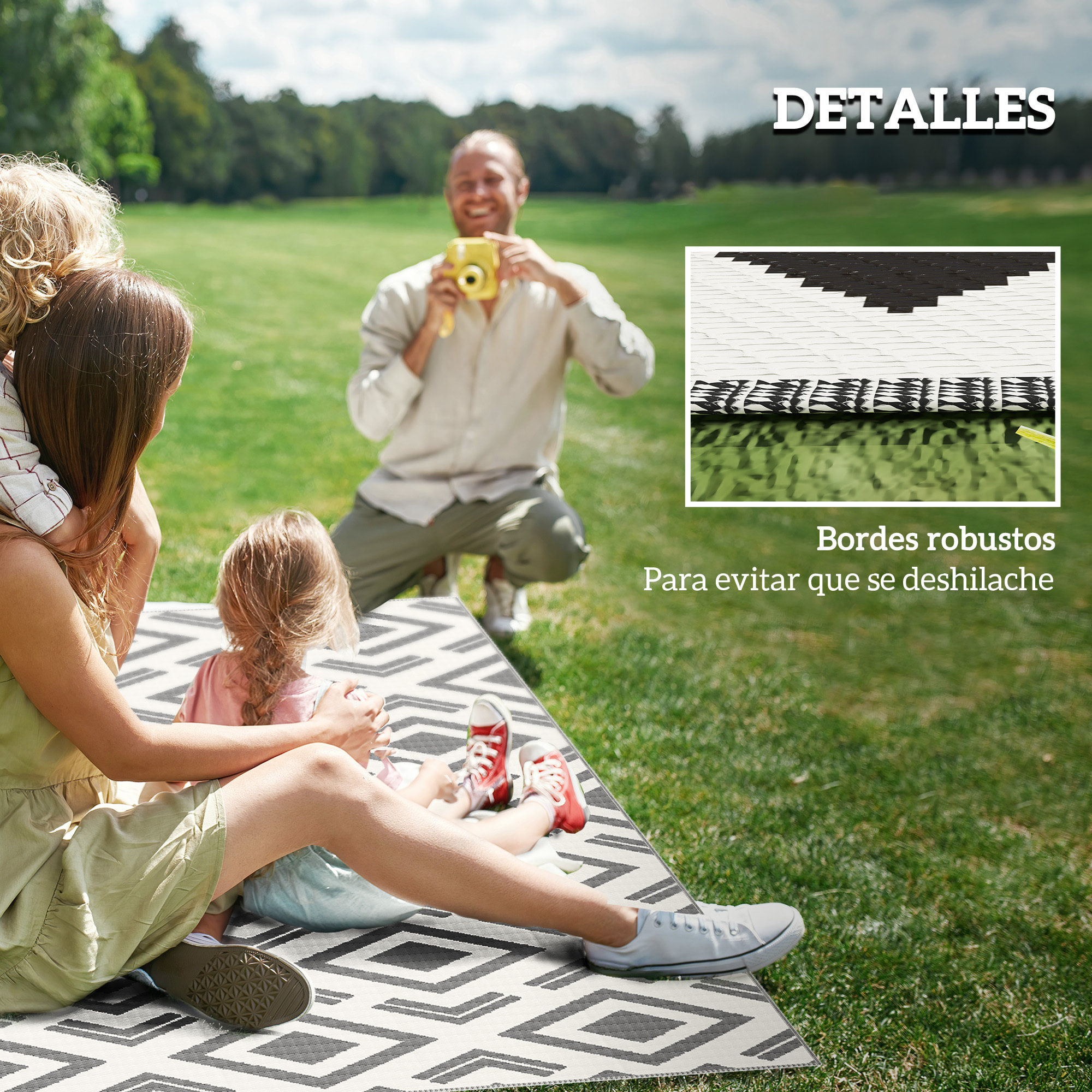 Alfombra de Exterior 182x274 cm Alfombra Reversible con Patrón Geométrico Impermeable Bolsa de Transporte para Terraza Balcón Patio Camping Playa Blanco y Negro