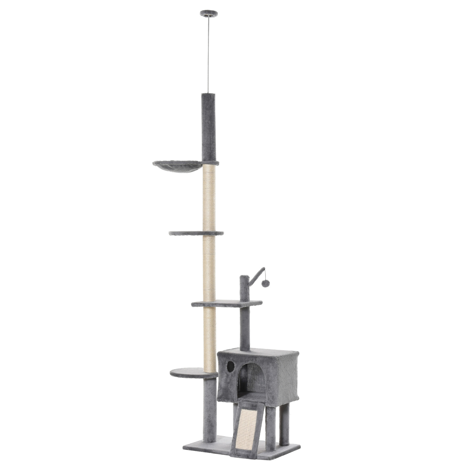 Árbol Rascador para Gatos Altura Ajustable 238-270 cm con Hamaca Cueva Gris