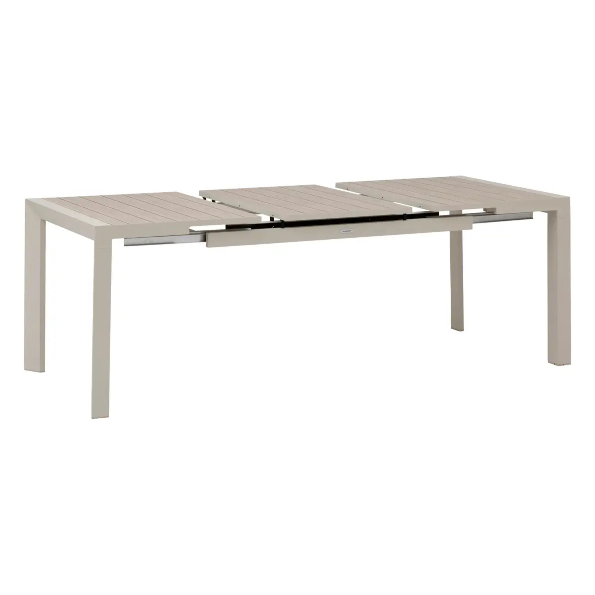 Table de jardin extensible "Évasion" effet bois lin & argile 8 places lates en aluminium
