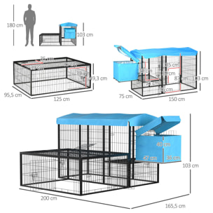 Gallinero para Exterior de Acero Jaula para 6-10 Gallinas con Toldo Corral de Alambre Independiente Nido Múltiples Puertas y Plataforma 200x165,5x103 cm Negro y Azul