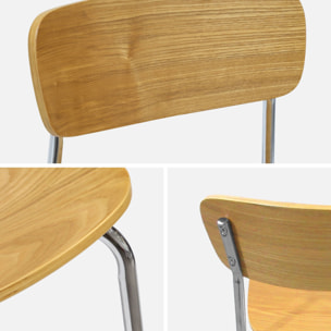 Lot de 2 tabourets de bar vintage contreplaqué avec placage bois effet frêne et pieds métal chromé L 42.5 x P 50 x H 94cm - Toby