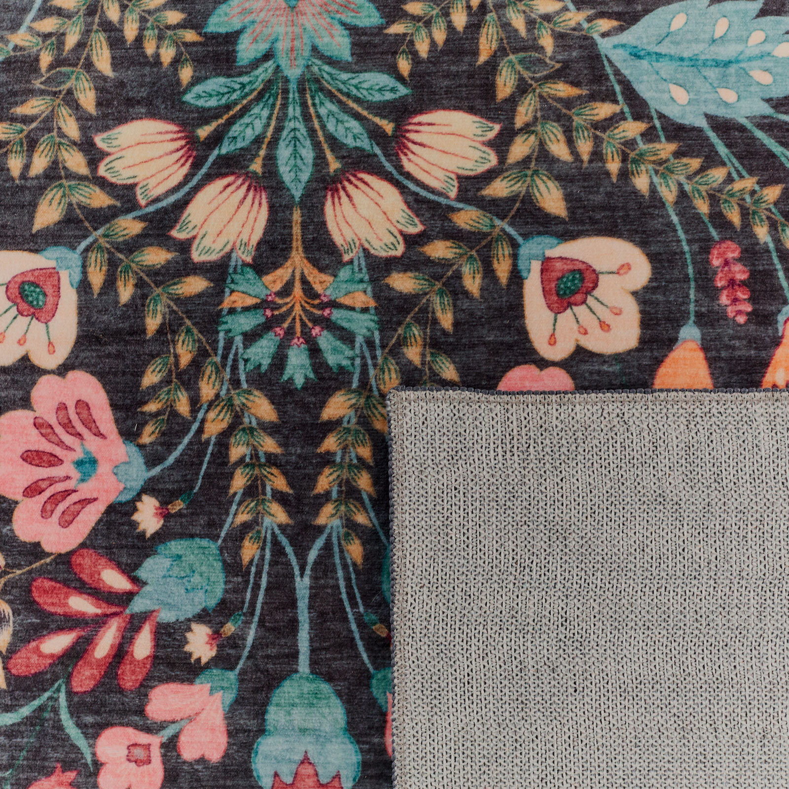 OTTOMAN - Tapis à poils courts doux à motif fleuri noir