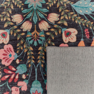 OTTOMAN - Tapis à poils courts doux à motif fleuri noir