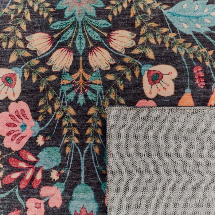 OTTOMAN - Tapis à poils courts doux à motif fleuri noir