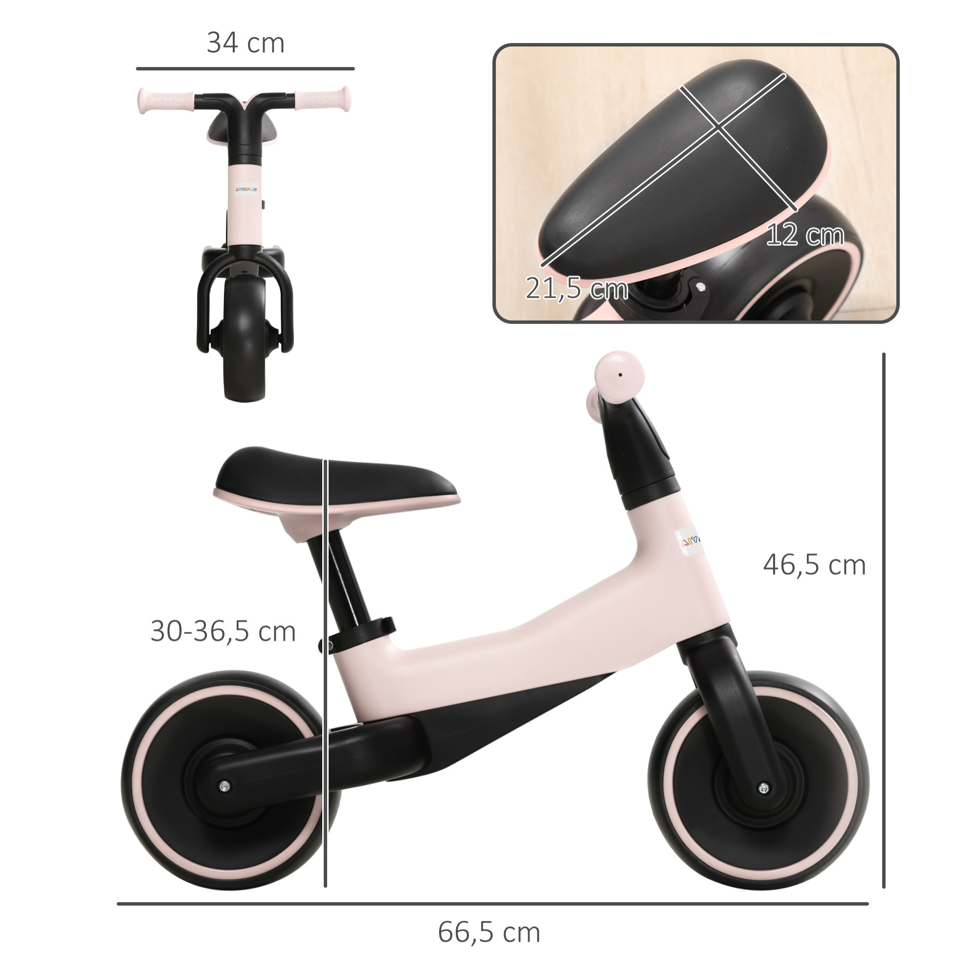 Bicicleta sin Pedales para Niños de +18 Meses Triciclo Infantil para Bebé con Sillín Ajustable en 30-36,5 cm Ruedas de Ø19 cm Carga 25 kg 66,5x34x46,5 cm Rosa