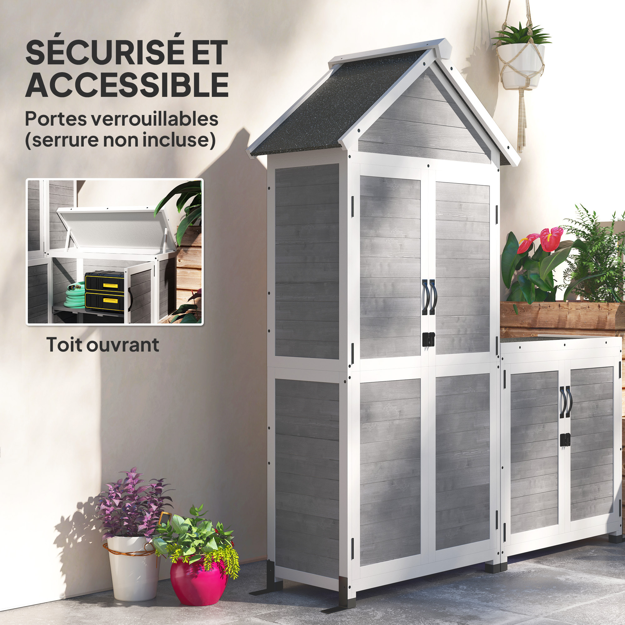 Ensemble armoire de jardin avec coffre extérieur assorti - 2 + 2 portes - 3 + 1 étagères - toit bitumé noir bois gris blanc