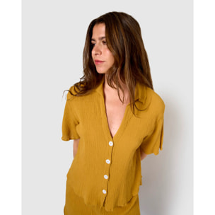 Set de camisa y short de algodón lino ocre