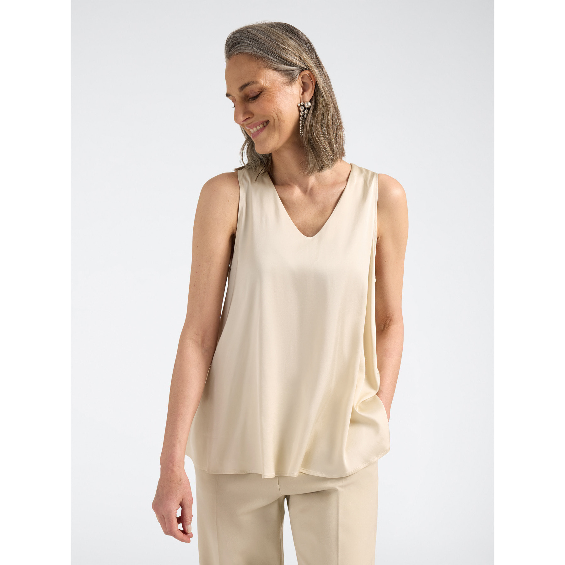 Elena Mirò - Top de raso de viscosa con escote en V - Beige