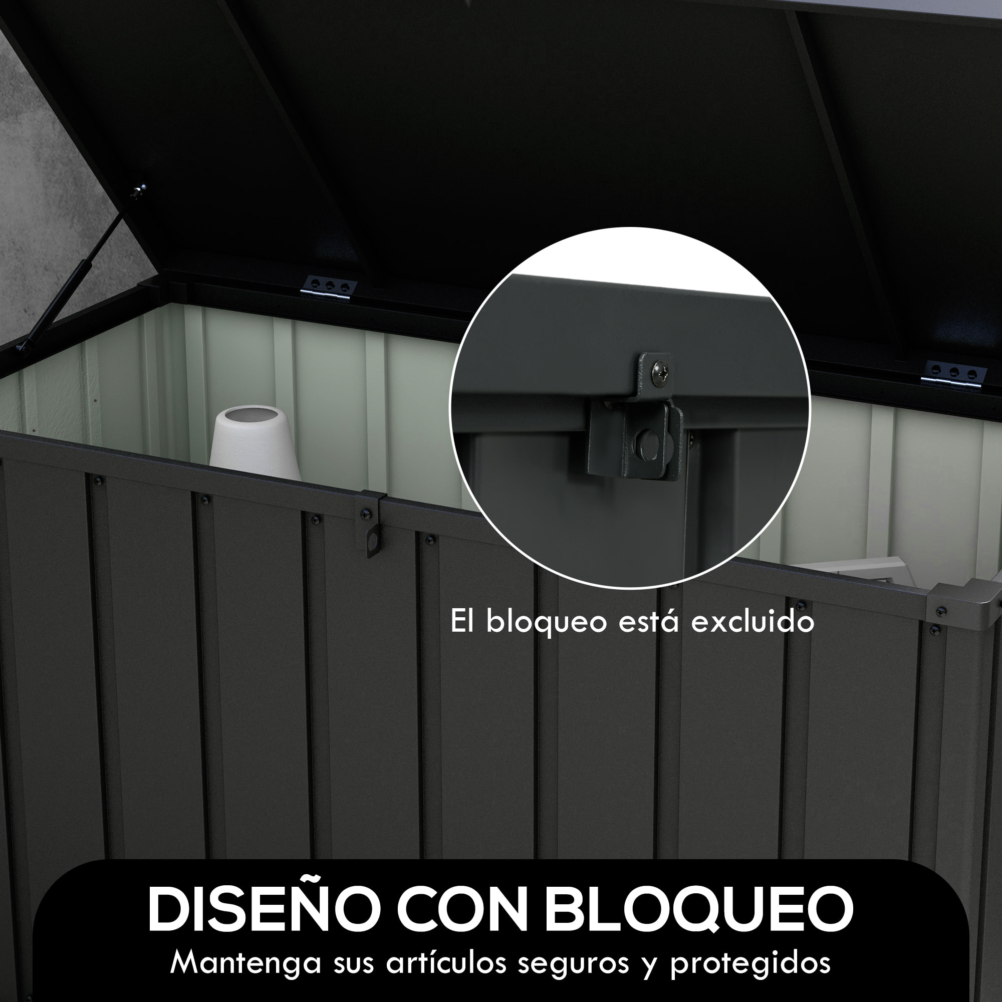 Arcón Exterior Capacidad 450L, Baúl Almacenaje Exterior de Acero con 4 Ruedas, 2 Asas y Tapa Bloqueable, Resistente a la Intemperie, para Jardín, Terraza, Patio, 125,5x61,5x70 cm, Gris Oscuro