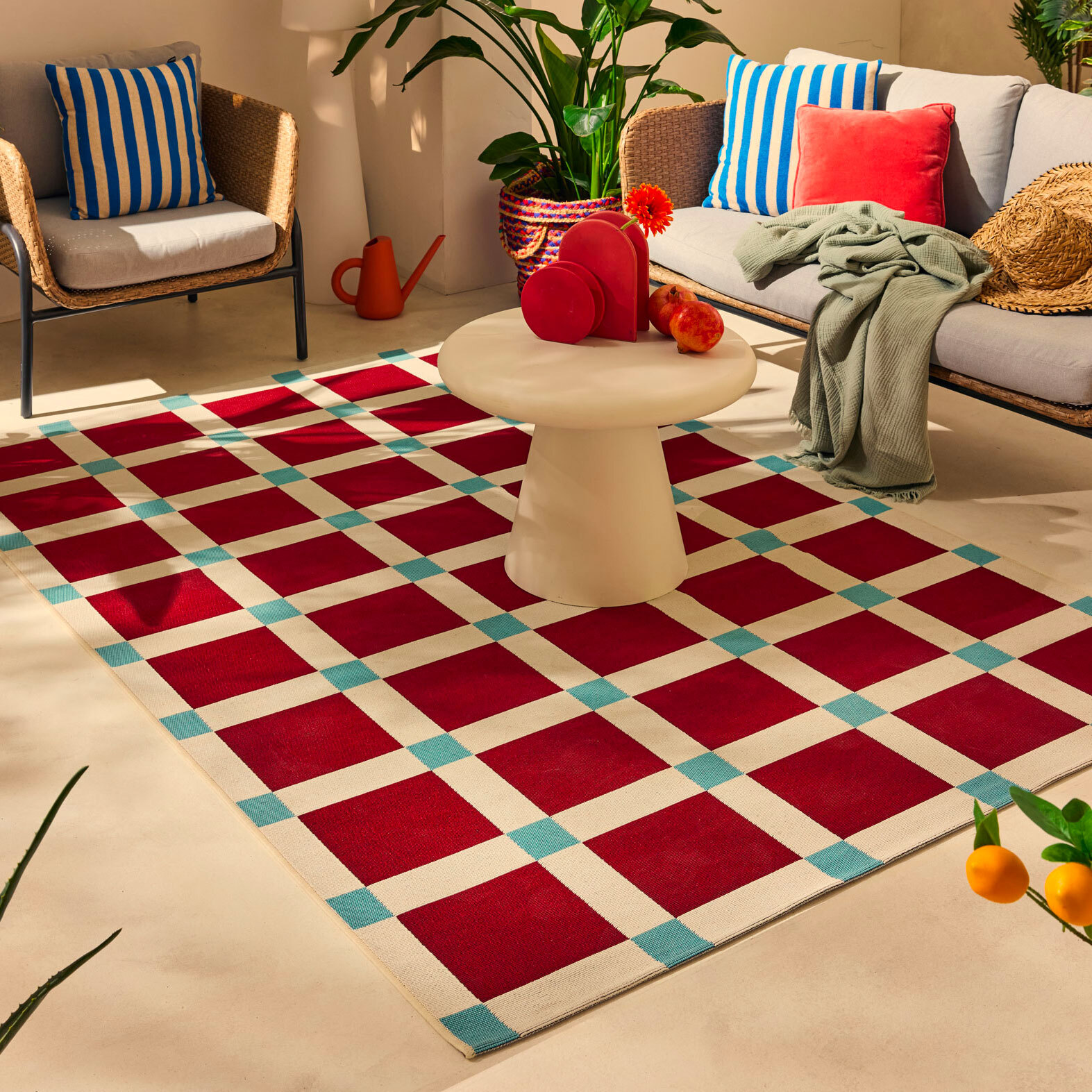 POSITANO - Tapis intérieur/extérieur à motif damier bordeaux