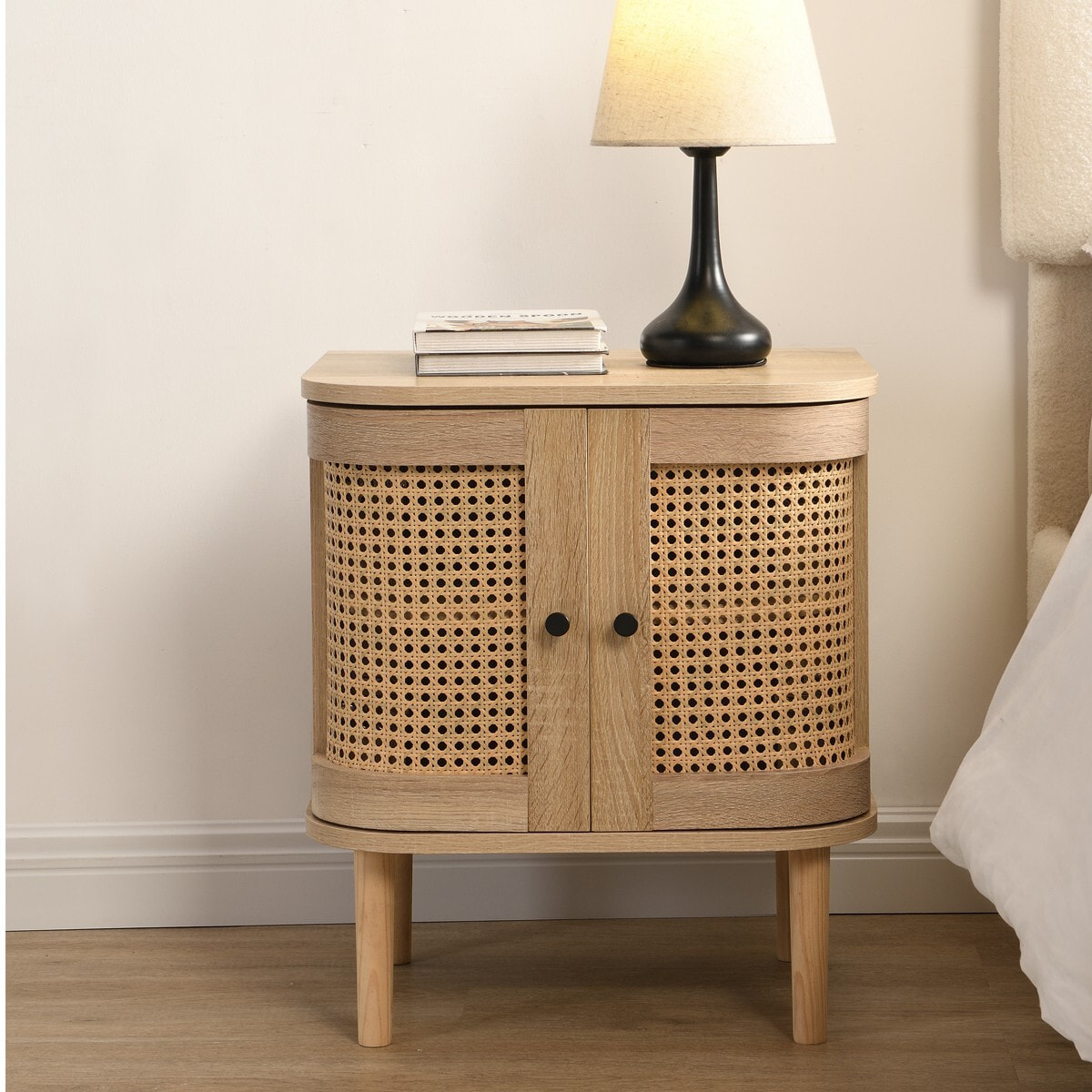 Table de chevet 2 portes effet chêne et cannage - BALI